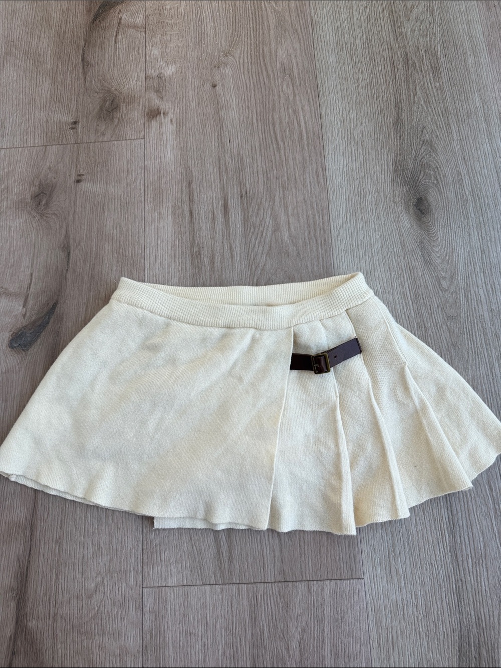 Frankie's Bikinis Cream Pleated Mini Skirt with Dark Belt Detail